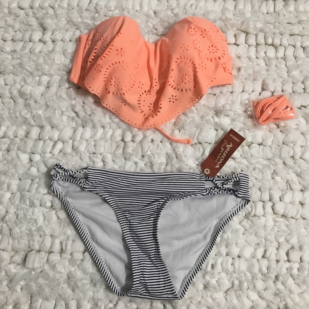 NEW! Coral & blk/wht striped bikini S/M